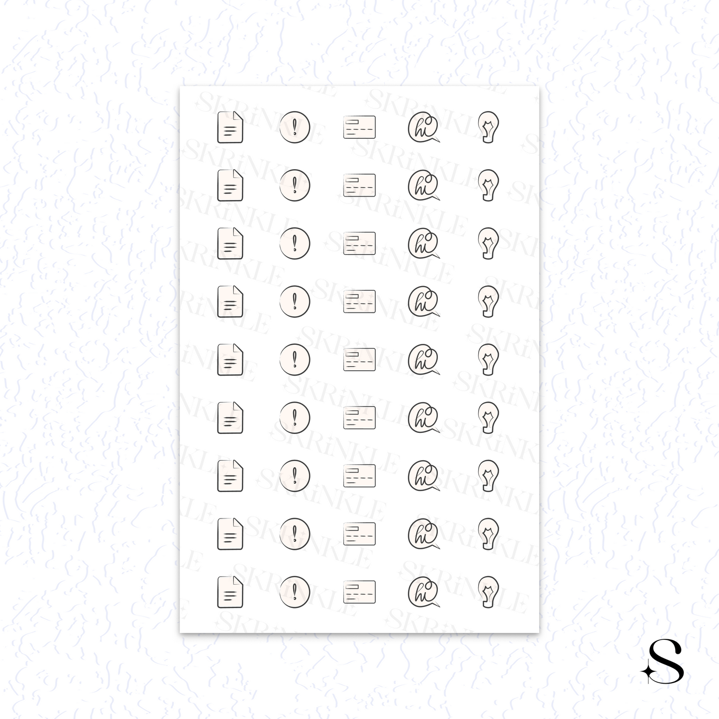 Sheet of cute journal stickers with various icons on a white background