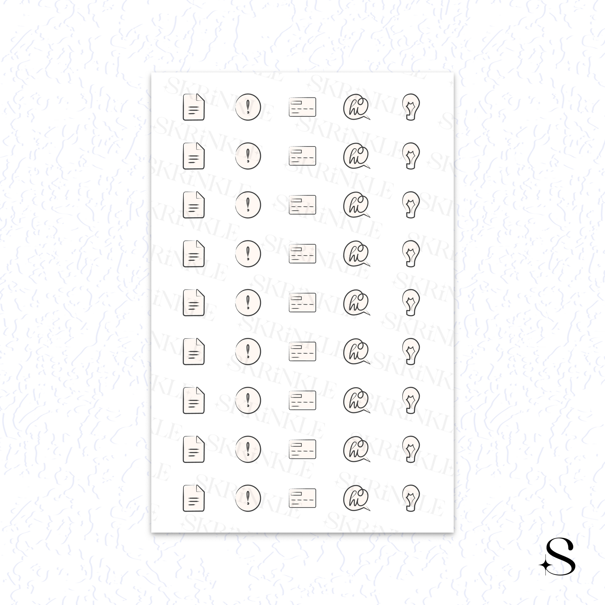 Sheet of cute journal stickers with various icons on a white background