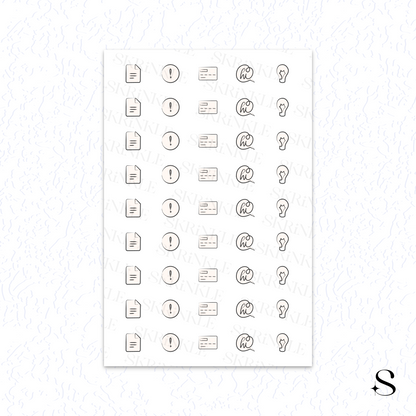Sheet of cute journal stickers with various icons on a white background