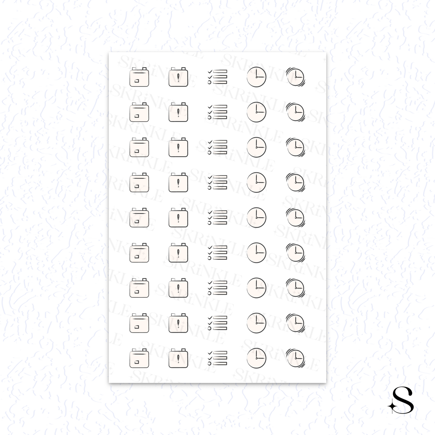 Sheet of cute journal stickers with various icons on a white background