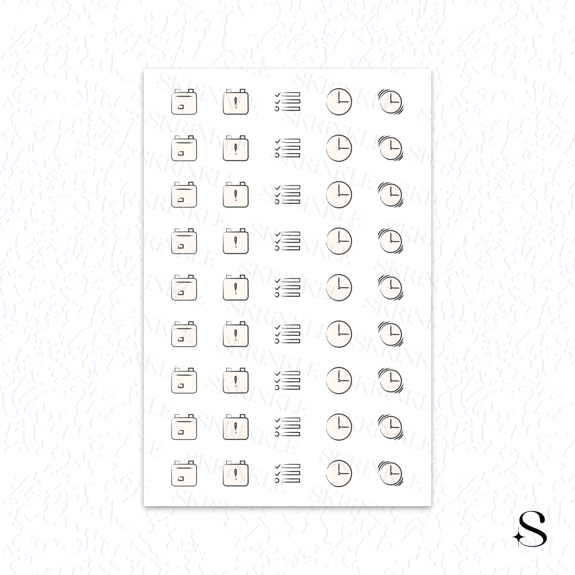 Sheet of cute journal stickers with various icons on a white background