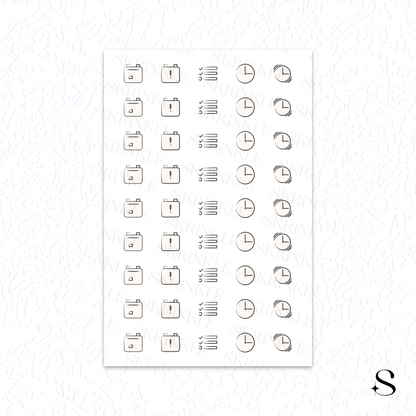 Sheet of cute journal stickers with various icons on a white background
