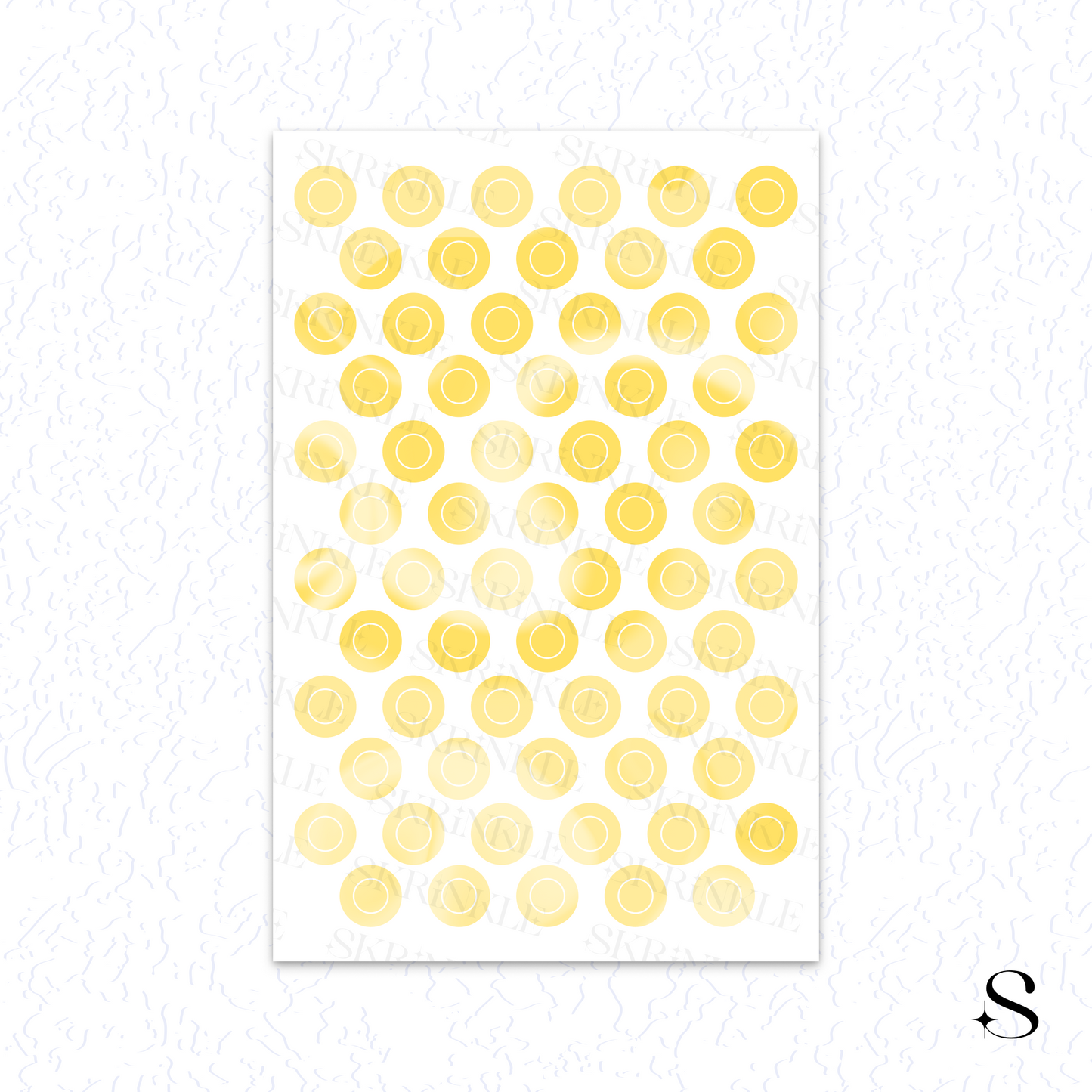 Sheet of yellow circular cute journal stickers on a white background