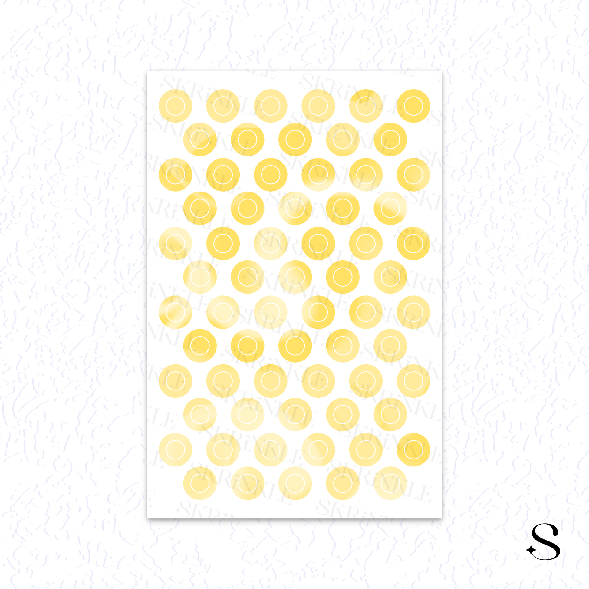 Sheet of yellow circular cute journal stickers on a white background