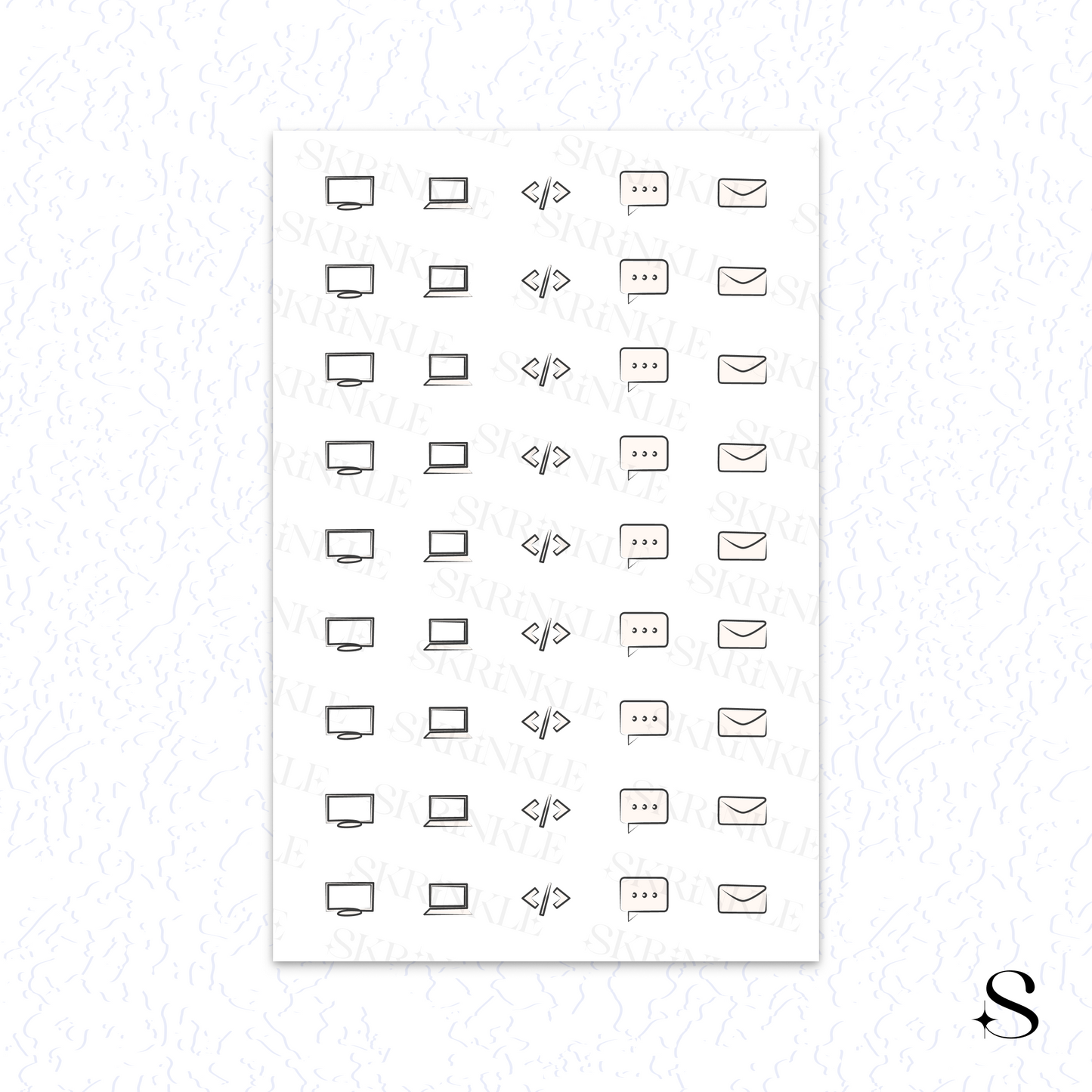Sheet of black line art cute journal stickers on a white background