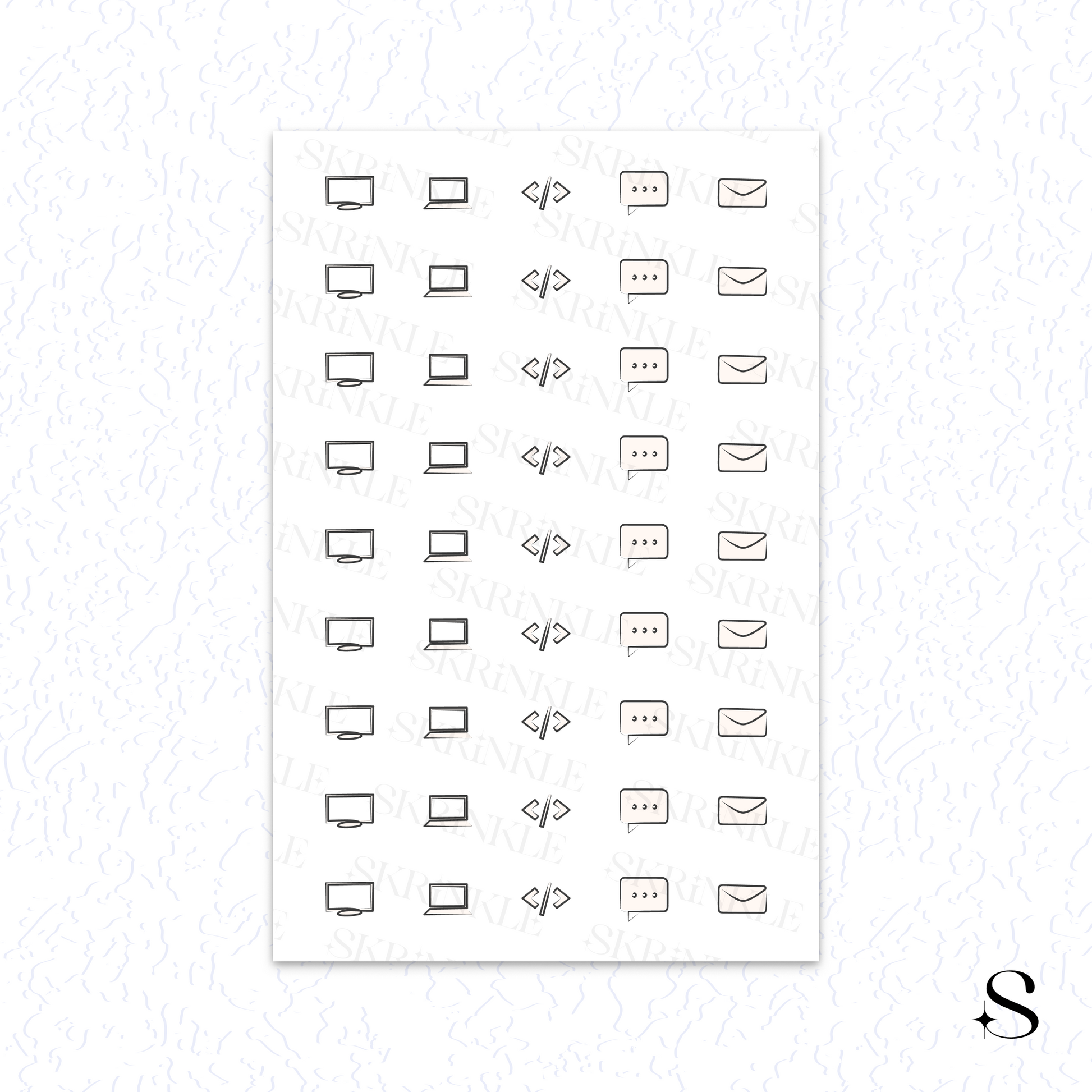 Sheet of black line art cute journal stickers on a white background