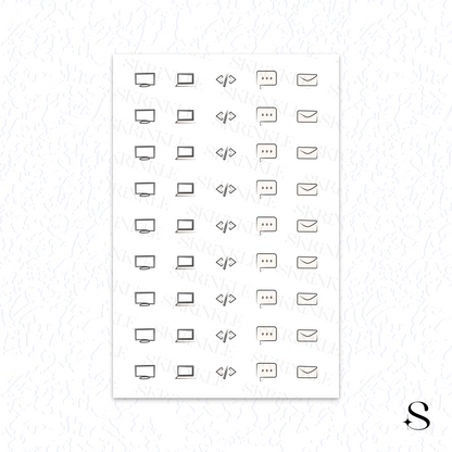 Sheet of black line art cute journal stickers on a white background