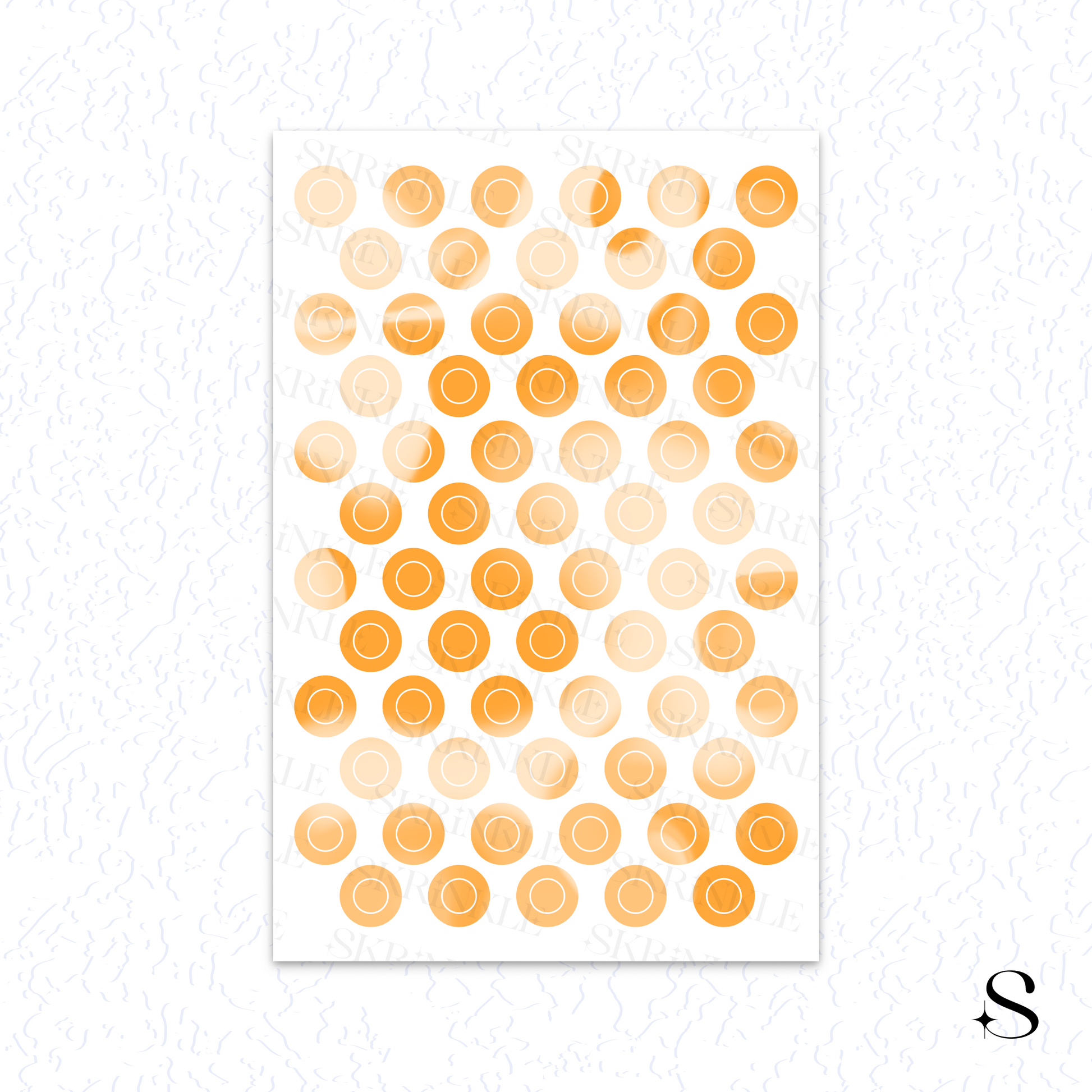 Sheet of orange and beige circular cute journal stickers on a white background