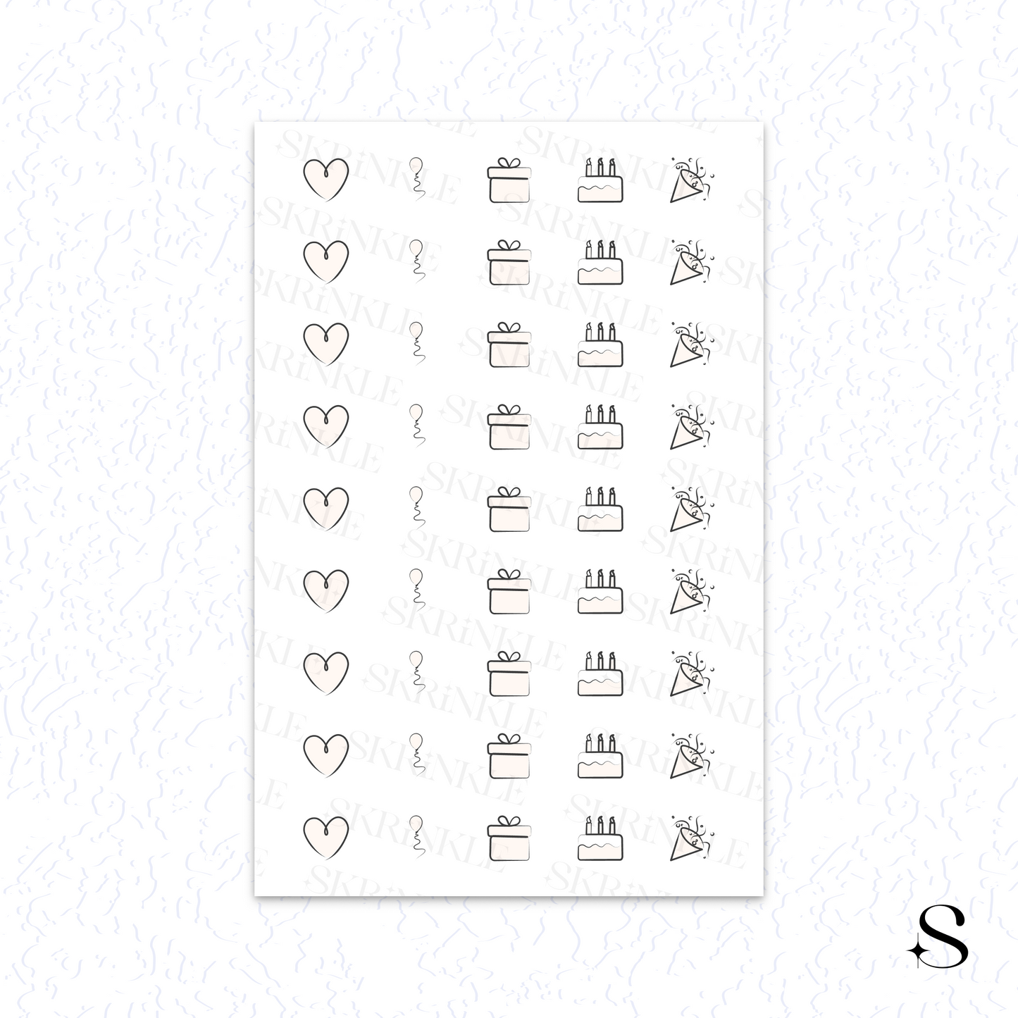Sheet of cute journal stickers with heart, question mark, and cake designs on a white background.