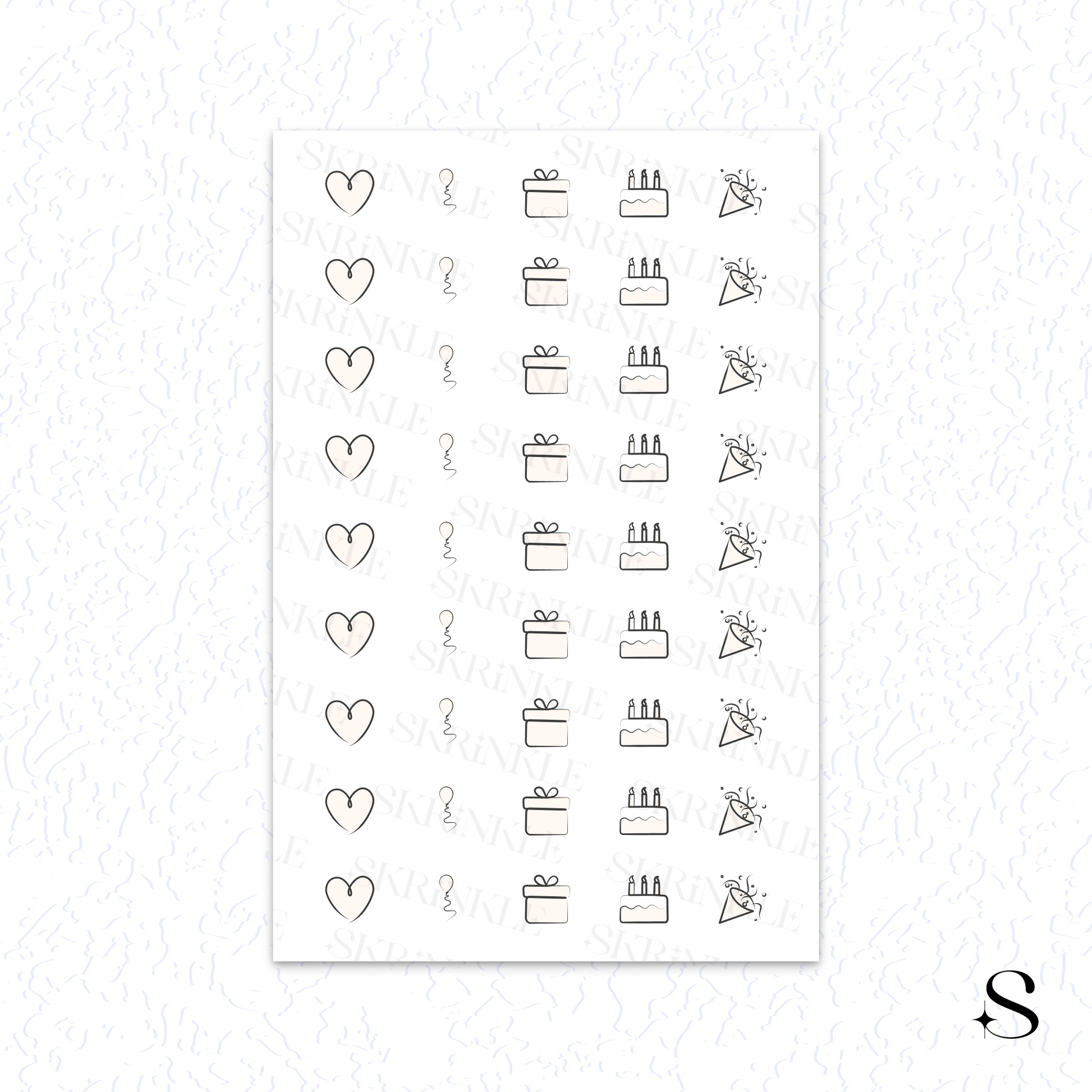 Sheet of cute journal stickers with heart, question mark, and cake designs on a white background.