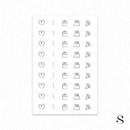 Sheet of cute journal stickers with heart, question mark, and cake designs on a white background.