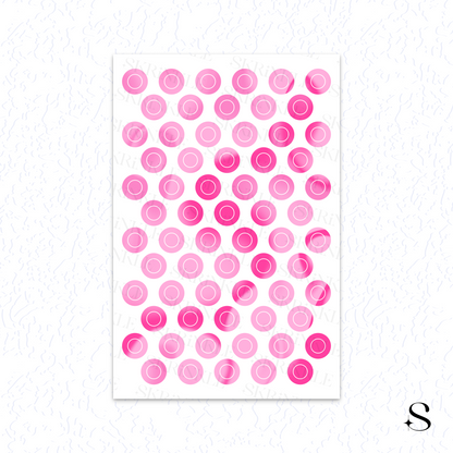 Sheet of pink circle cute journal stickers on a white background