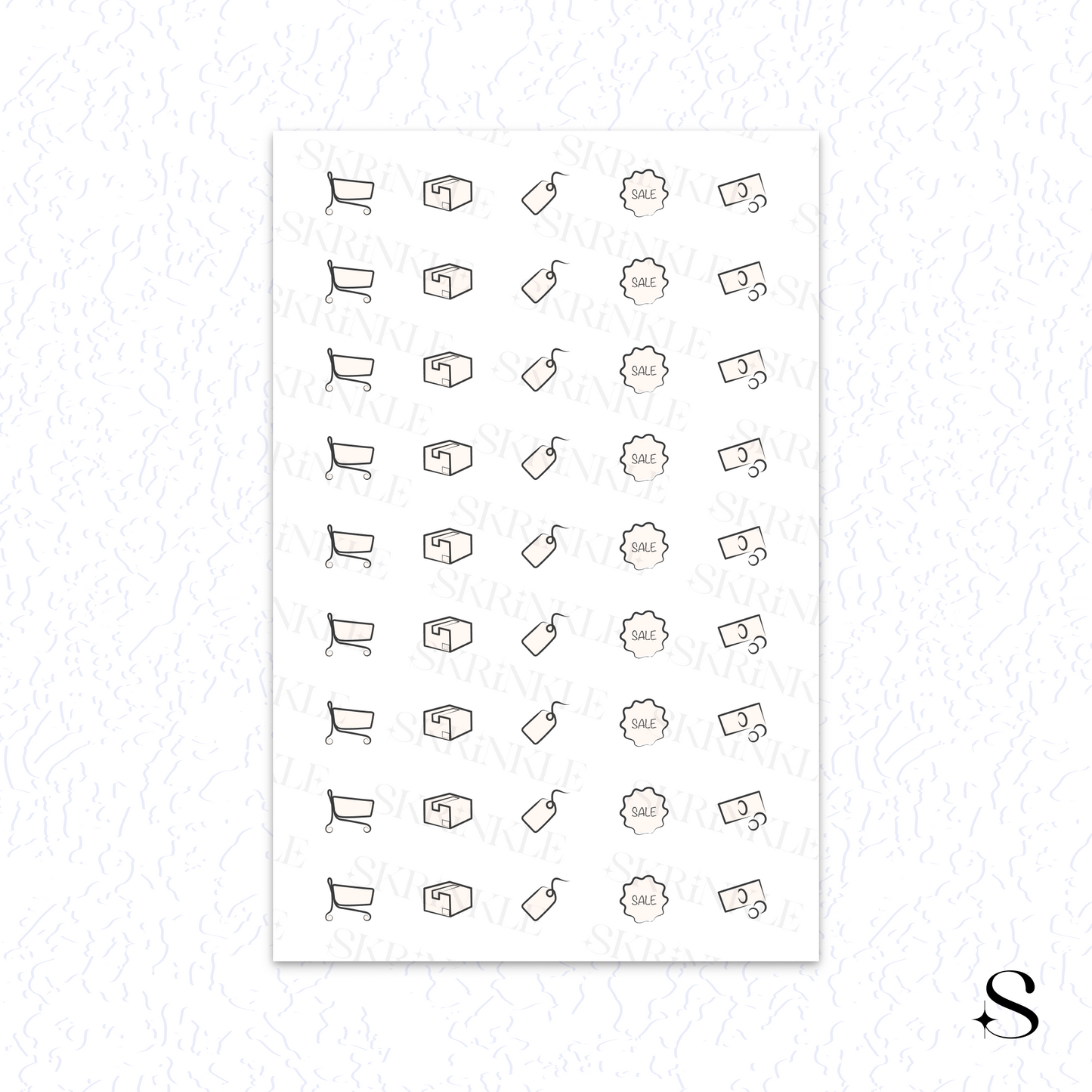 Sheet of cute journal stickers with various icons on a white background