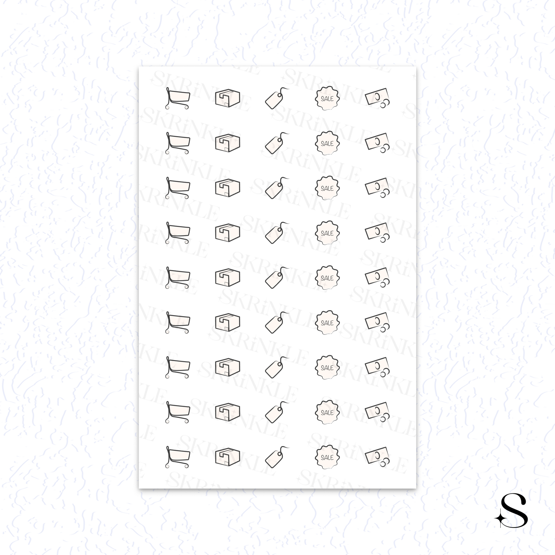 Sheet of cute journal stickers with various icons on a white background