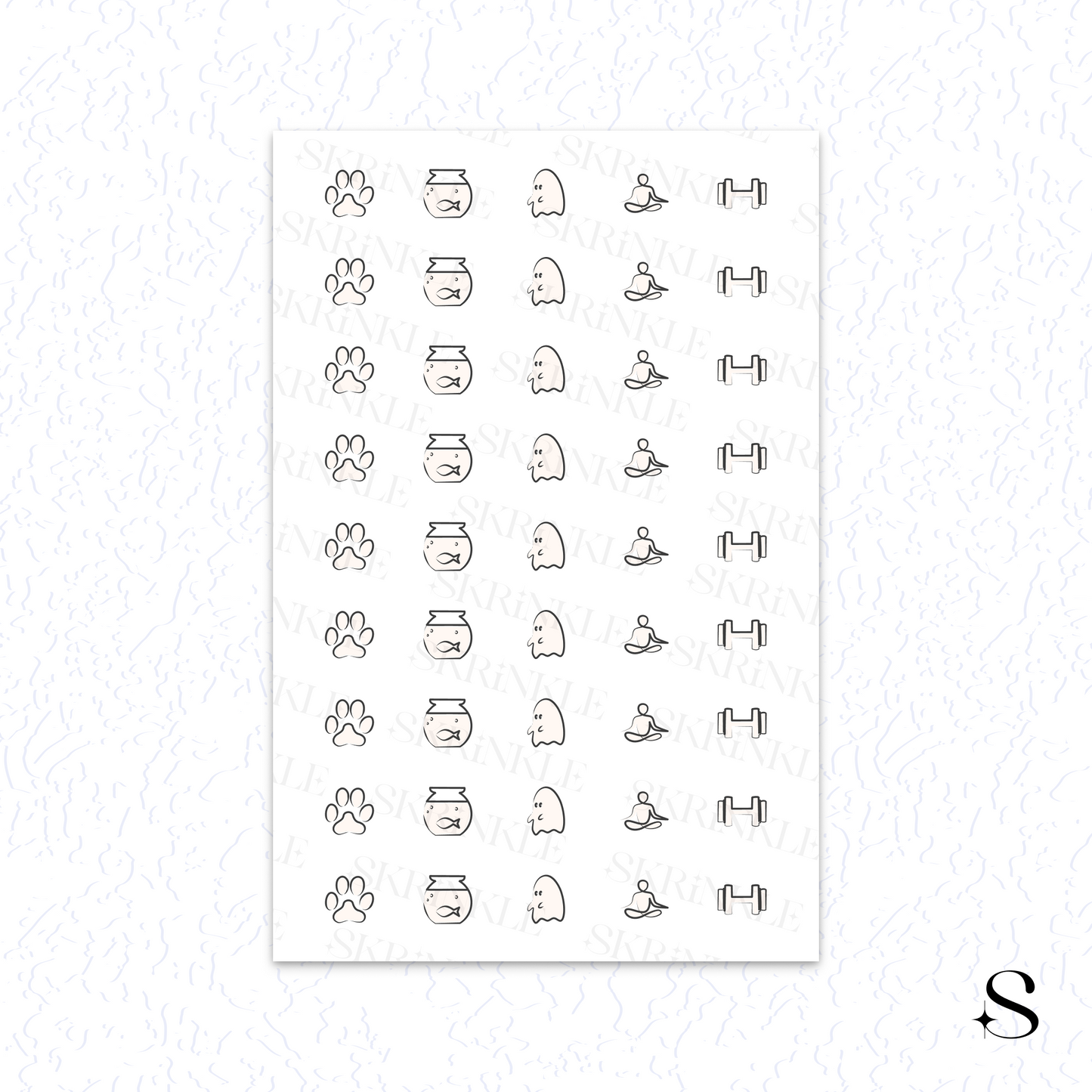 Sheet of black line art cute journal stickers with various designs on a white background