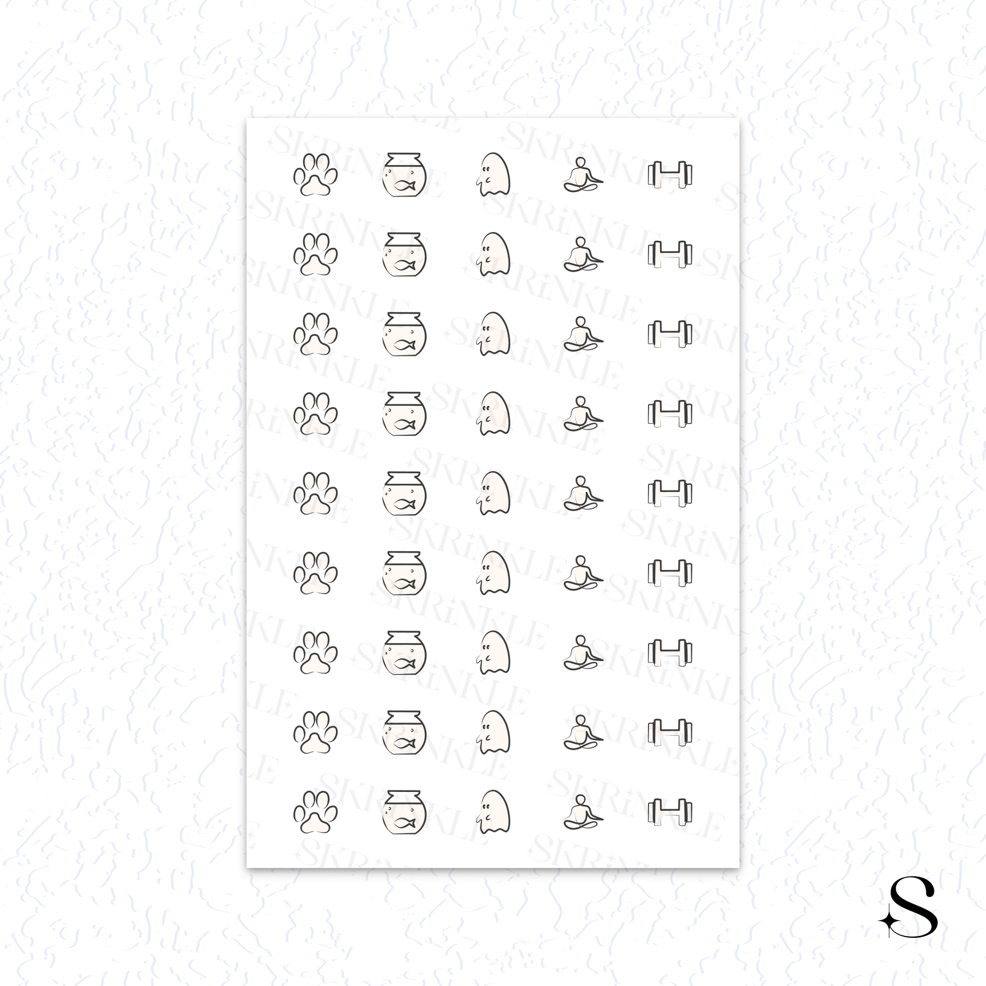 Sheet of black line art cute journal stickers with various designs on a white background