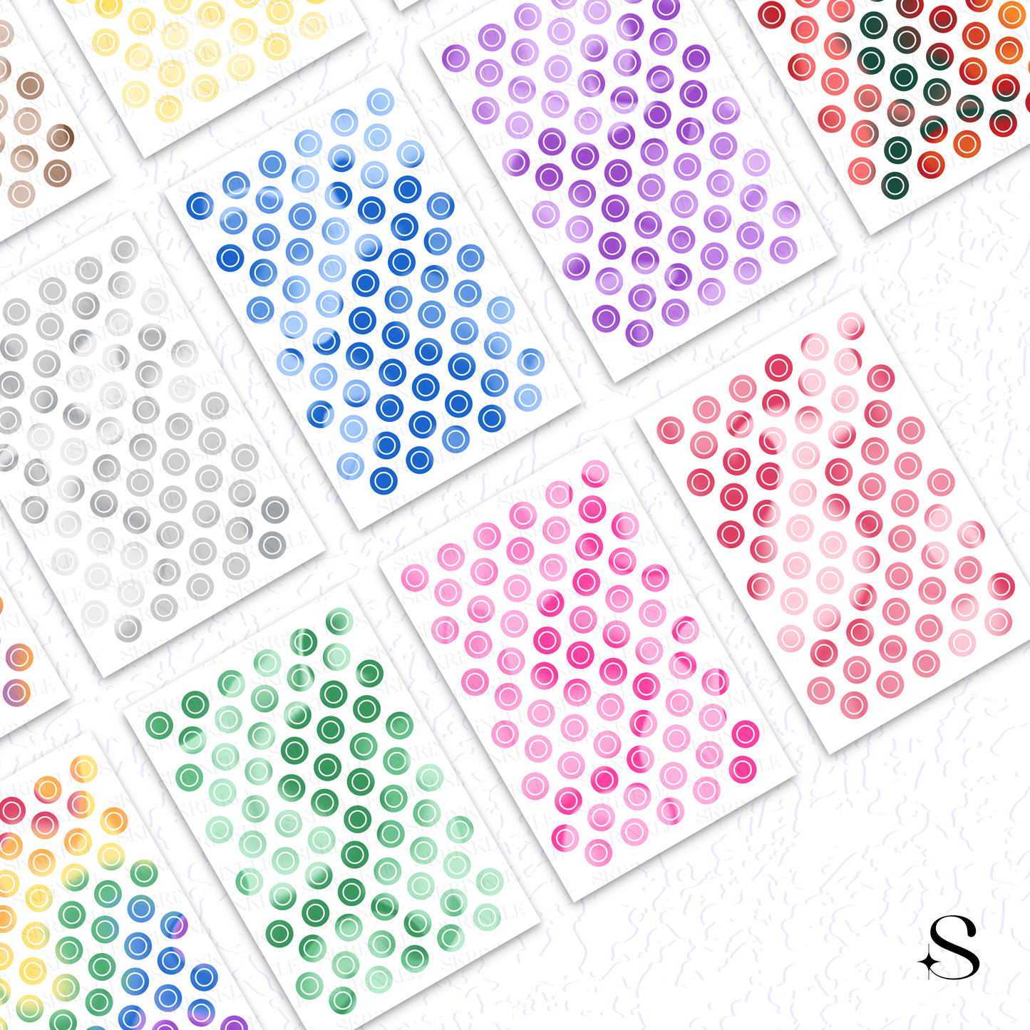 Collection of small round cute journal stickers in various colors on a white background