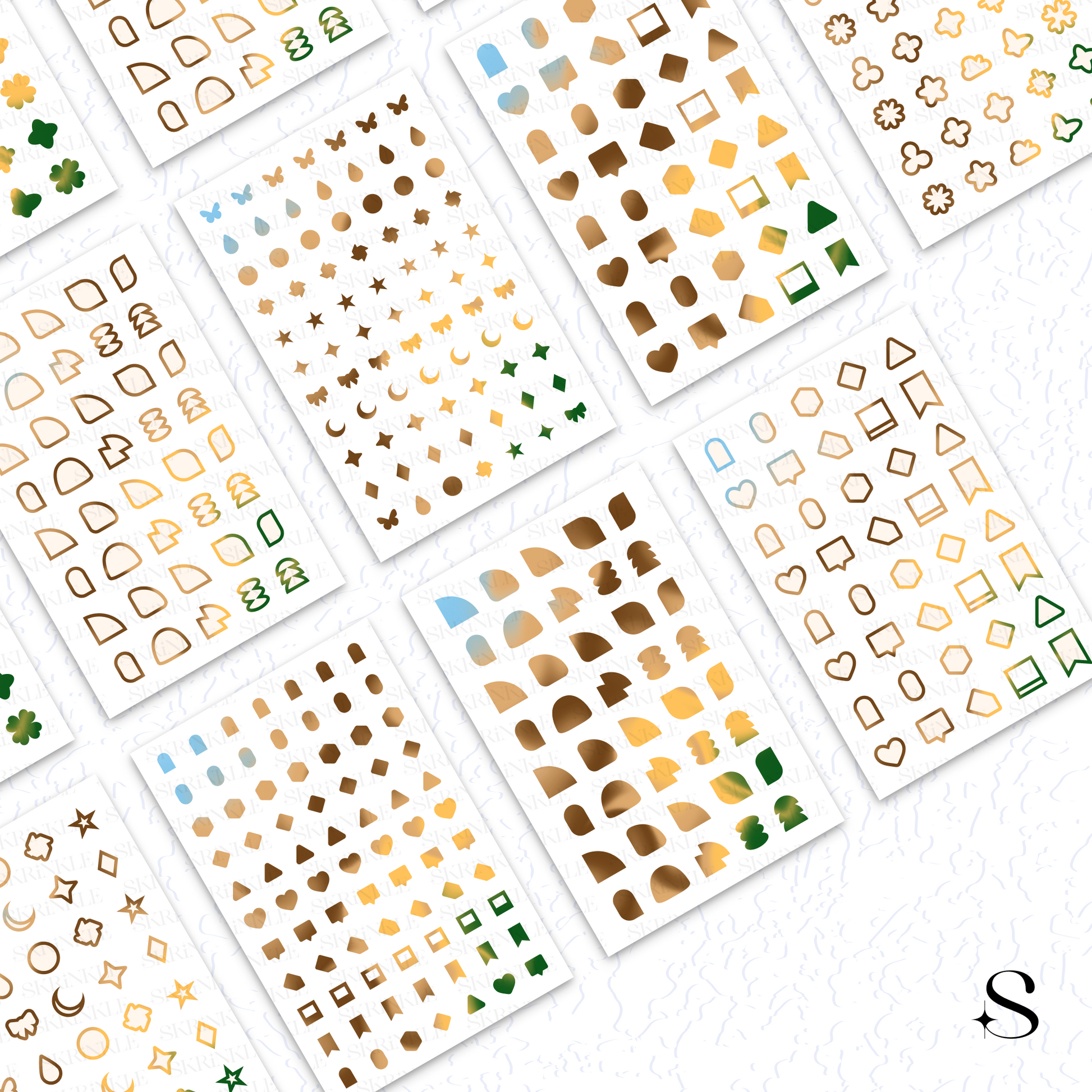 Set of gold, green, and blue cute journal stickers on a white background