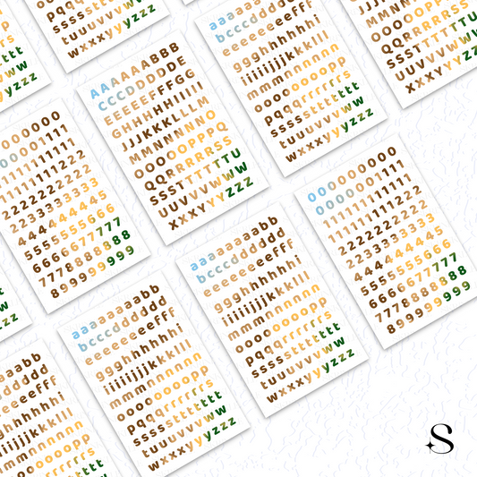 Set of letter and number cute journal stickers on a white background
