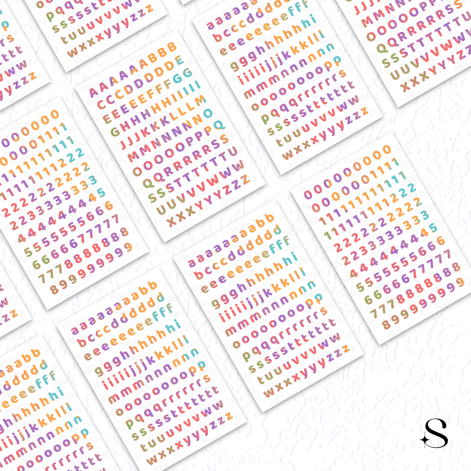 Colorful alphabet and number cute journal stickers on white background