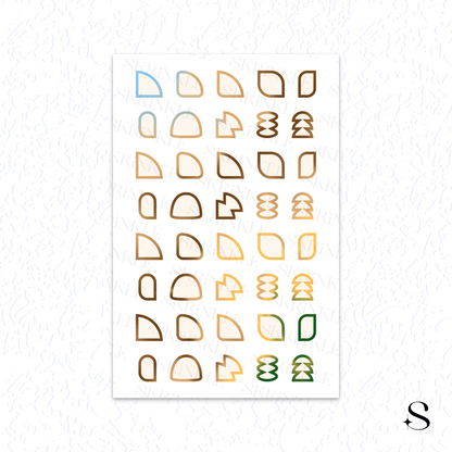 Sheet of colorful geometric shapes on a white background, cute journal stickers