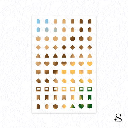 Sheet of geometric shapes in various colors on a white background, cute journal stickers