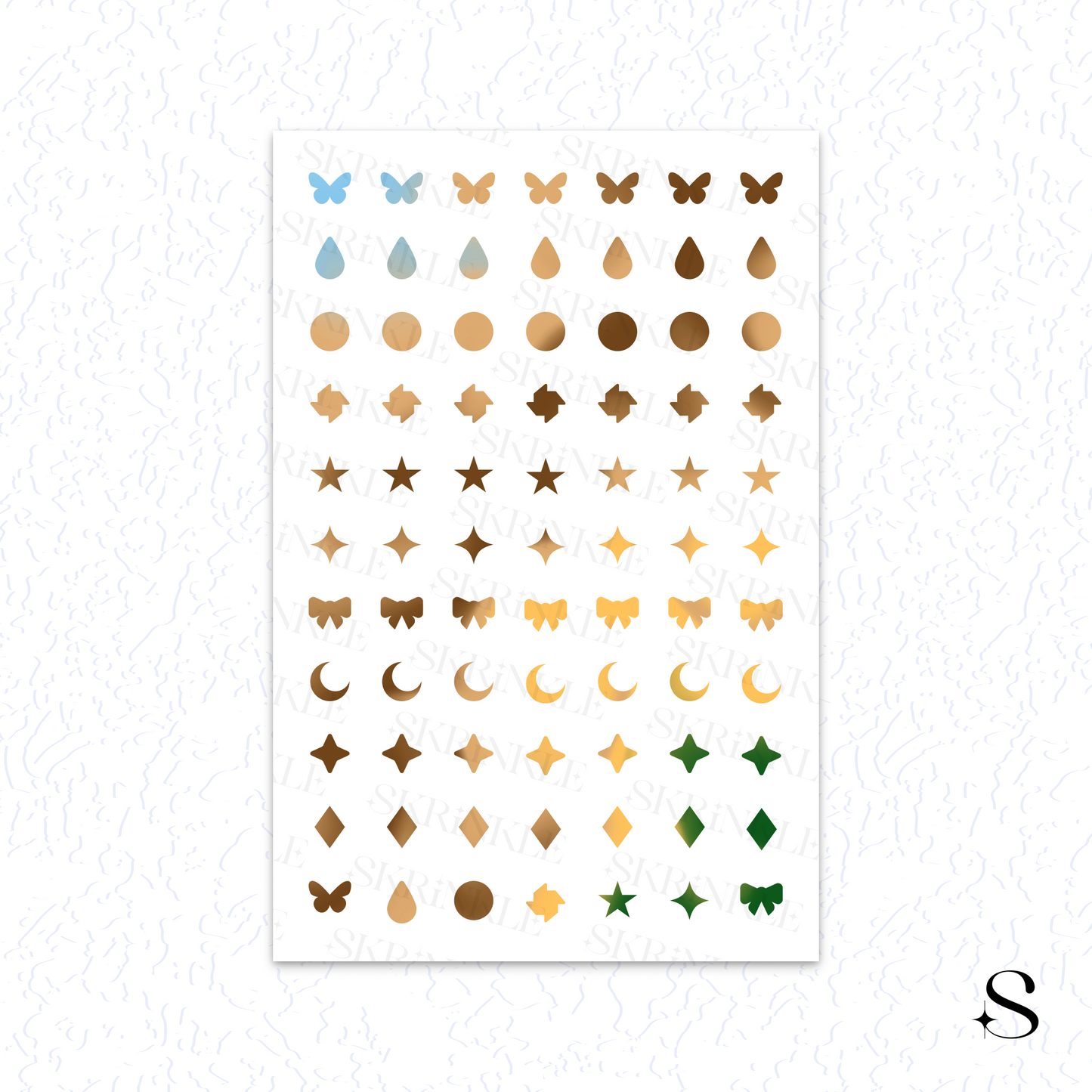 Sheet of small decorative stickers with various shapes and colors on a white background. cute journal stickers