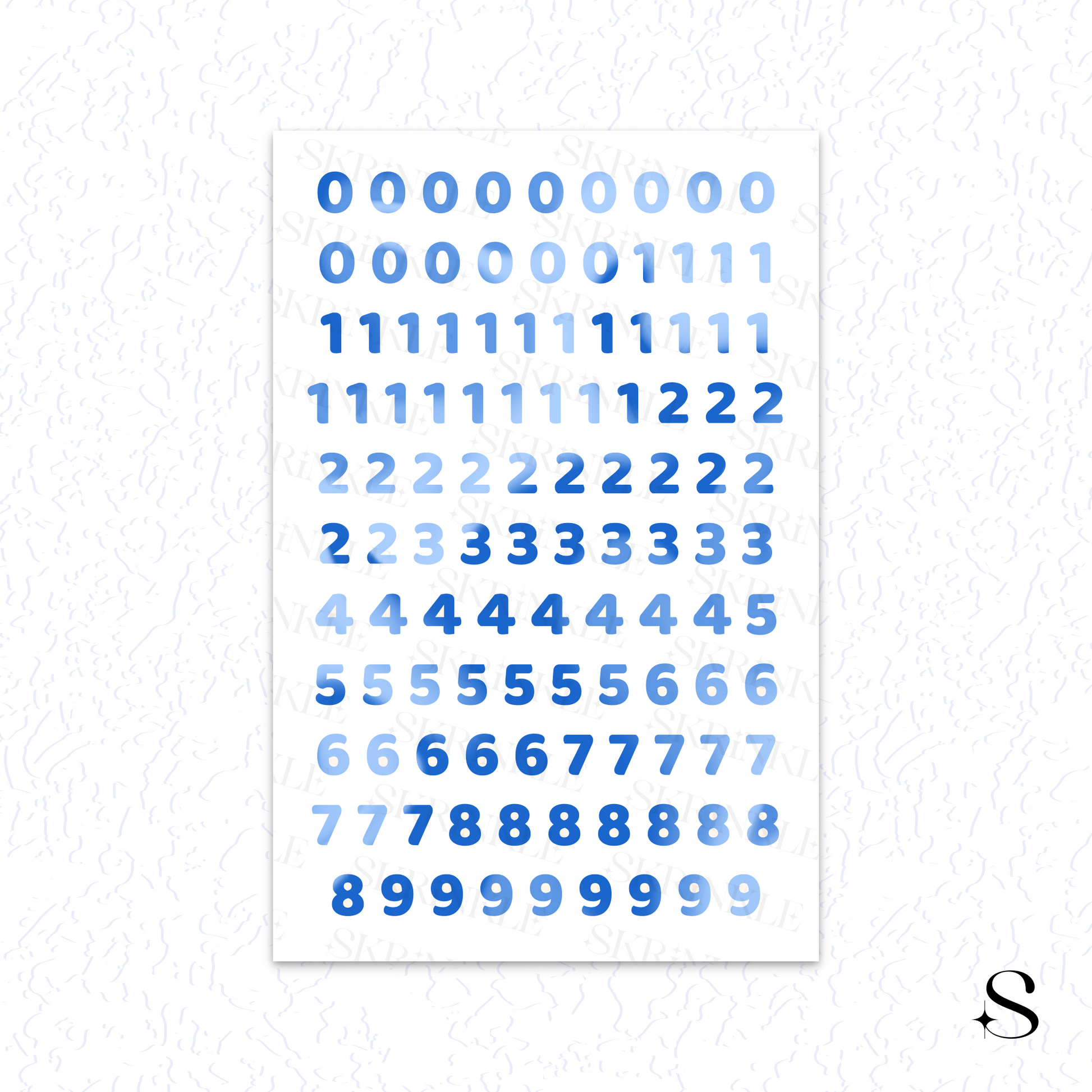 Sheet of blue numbers  cute journal stickers on a white background