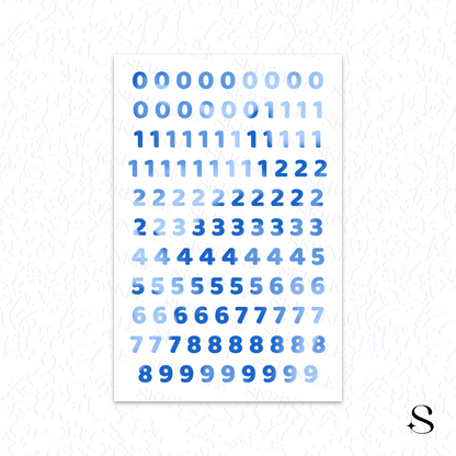 Sheet of blue numbers  cute journal stickers on a white background